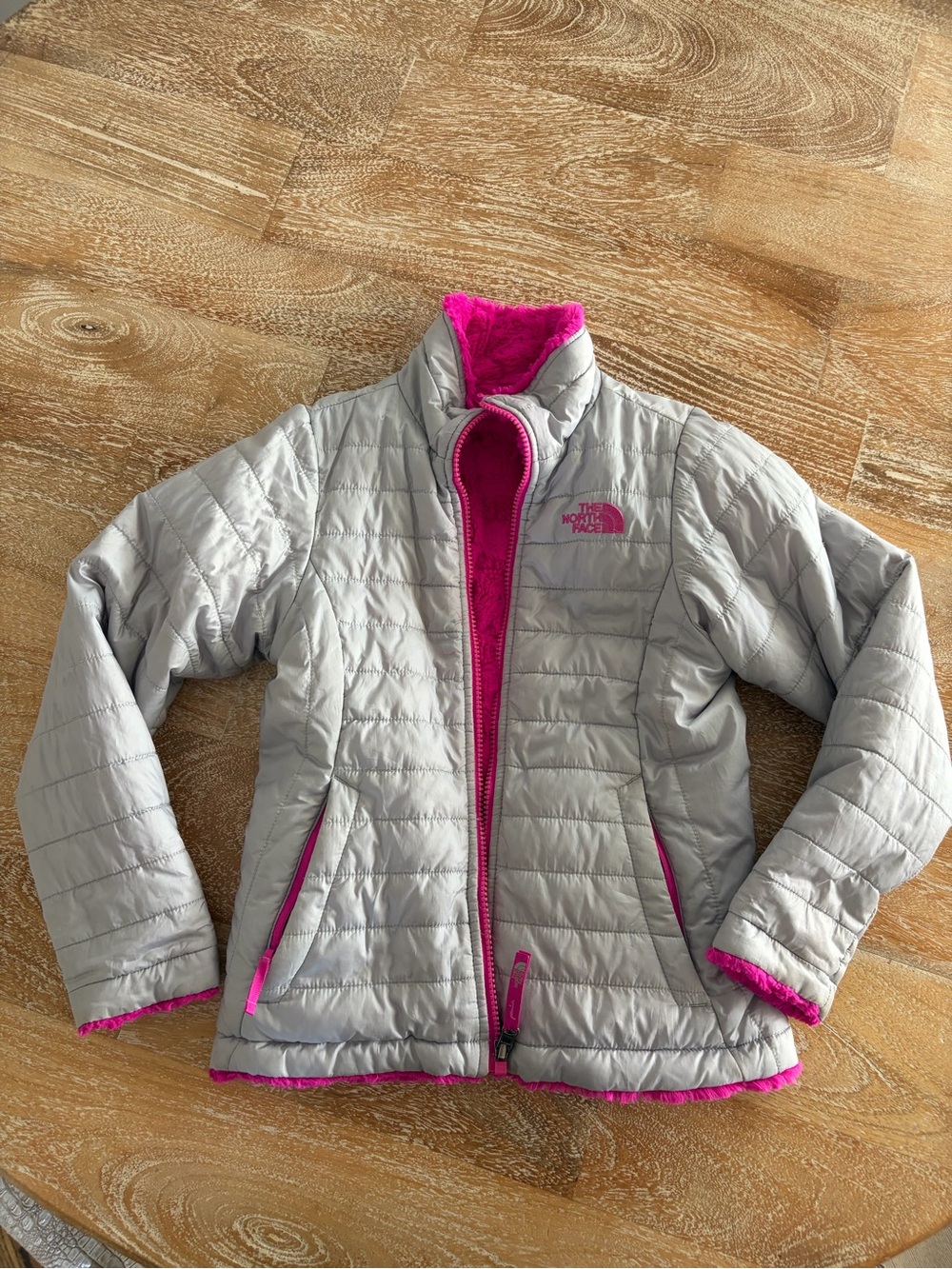 The North Face Light Gray Puffer Jacket with Bright Pink Trim